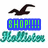 Pixelated image with a black bird silhouette above a blue rectangle containing green text and teal wave-like shapes below.