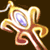 Pixelated static icon of a golden and red ornate object with a central blue gem on dark background.