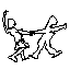 Six black-and-white pixelated figures in dynamic poses, each with distinct arm and leg positions, arranged in two of three