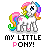 Pixelated white pony with rainbow mane and tail, standing in profile facing left, wearing green collar with pink star, text 'my LITTLE PONY!' below.
