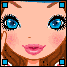 Pixelated cartoon face with blue eyes, brown hair, and pink cheeks; two versions show different mouth shapes.