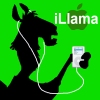 Black silhouette of a llama wearing white earbuds, holding a white MP3 player against a bright green background with "iLlama" text and an Apple logo.