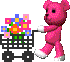 Pink pixelated bear pushes black shopping cart with colorful flowers; four sequential poses show walking motion on gray background.