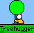 Pixel art of a character hugging a tree on the left, then standing beside it on the right with arms outstretched against a blue sky and green ground.