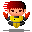Pixel art character with red hair and yellow armor in multiple poses including raised arms, crossed hands, and holding a sword and shield.