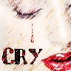 A static icon shows a close-up of a person's face with a single red tear drop falling from the eye, red lips, and the word 'CRY' in bold red and black lettering below.