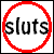 Two side-by-side pixelated images show the word 'sluts' in black text within a red prohibition symbol, with the right image having an additional diagonal line through the circle.