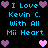 Pixelated text and heart icons on black background with blue text reading "I Love Kevin C. With All Mii Heart" repeated twice, surrounded by purple and pink hearts.