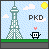 Pixel art animation of a small robot character with 'PKD' text, alternating between two poses against a tower and sky background.