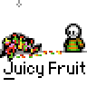 Animated contact sheet of a pixel art mascot with rainbow-colored fruit patterns, green stick-figure body, and text bubbles across 15 frames showing movement sequences on gray background.