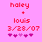 Pixelated red text on pink background shows 'haley + louis 3/28/07' with five purple hearts, two of which change color between frames.