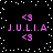 Pixelated black background with white dots, pink text 'J.U.L.I.A' and '<3' symbols arranged in a pattern