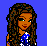 Pixel art contact sheet showing four frames of an animated icon featuring a cartoon woman in blue dress and black crop top with white dots, alongside text reading "Boredum Never Looked So Good" on dark background.