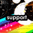 A pixelated image with a rainbow gradient background and black-and-white character faces, displaying text that changes across frames.