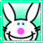 Animated bunny face with pink nose, blue eyes, and black outline against light green background.