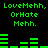 Green pixelated text and bar graphs on black background, repeating 'LoveMehh, OrHate Meh.' with bar graph changes between text blocks.