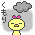 Pixel art contact sheet showing two frames of a yellow chick character with pink bow, gray cloud thought bubble, and Japanese text on left side.