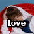 four pixelated images showing a person in different poses with the word 'Love' overlaid on each, set against varied backgrounds