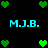 Pixelated green hearts and cyan text 'M.J.B.' on a black background, arranged in a pattern with heart clusters at corners and center