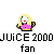 Pixel art character with blonde hair and pink top in two poses, text below reads 'JUICE 2000 fan' on gray background.