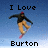 Pixelated image of a person snowboarding with text "I Love Burton" above and below, set against a blue gradient background.