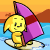 A 4x4 grid of identical pixel art frames showing a yellow cartoon character with blonde hair holding a purple sailboat on water against an orange sunset background.