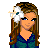 Pixel art of a woman with long brown hair and white flower, wearing blue top; animated text changes between '!DuMb!' and '!BrUnEtTe!', showing different background colors.