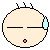 Pixelated circular face with closed eyes, small red mouth, and three black hair tufts; light blue sweat drop shifts position across frames.