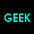 Five distinct 'GEEK' text icons in cyan, purple, pink, orange, and green displayed on a black background with a gray rectangle in the bottom right.