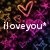 Pixelated image with white text 'i love you' over a dark background featuring pink and orange heart shapes.