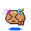 Pixel art character with brown body, closed eyes marked X, pink and white headband, blue guitar pick accessory, red cheeks, and blue puddle below.