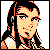 Pixelated static image of a person with long dark hair and light skin tone against gray background, rendered in orange/black/white color scheme.