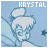 A contact sheet of seven 48x48 pixel animated frames showing a cartoon fairy character with the name "KRYSTAL" in blocky text above, each frame on a different solid background color.