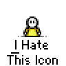 A 5x5 contact sheet of animated frames showing a yellow stick figure with white head and black eyes, repeatedly saying "I Hate This Icon" in pixelated text below it on gray background.