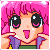Pixel art contact sheet showing two frames of an animated character with pink hair, large eyes, and a purple top against a pink background.