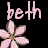 Pixelated pink text "beth emma" above two identical pixelated pink flowers on black background with visible dithering and anti-aliasing artifacts.