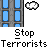 Animated contact sheet showing 18 frames of a pixel art sequence depicting planes approaching skyscrapers, missiles being launched, and explosions with repeated text "Stop Terrorists".