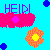 Pixelated icon with 'HEIDI' text above a pink blob, orange flower-like shape below, and two blue dots on cyan background.