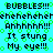 Pixelated text and green bubble patterns on a cyan background with repeated phrases.