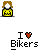 Pixel art icon with gray background showing multiple instances of a yellow bag, a person on a blue bicycle, and text reading "I ❤️ Bikers" in white.