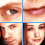 Animated sequence of close-up facial features and full faces showing a person with brown hair in blue clothing, transitioning between expressions.