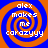 Four identical spiral patterns with orange and blue colors, each containing white text reading 'alex makes me carazyyy' in a pixelated font.