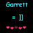 Pixelated cyan text 'Garrett' above equals sign and bracket, with pink heart symbols below on black background.