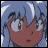 A 48x48 pixel buddy icon featuring a split composition with an anime character on the left and stylized text on the black right side, rendered in low-resolution pixel art style.