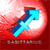 Pixelated static icon featuring a blue arrow on red background with blurred text at bottom.