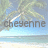 Pixelated beach scene with palm tree, blue sky, and light-colored sand; text 'cheyenne' overlaid in dark gray block letters.
