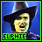 Pixelated image of a person with dark hair and a black hat, mouth open in an expression, against blue background with green border.