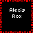 Pixelated black background with red square border and four identical white text blocks reading "Alexis Rox" in a