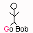 Six pixelated stick figures in various poses with 'Go Bob' text below each, some letters highlighted pink.