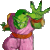Pixelated green and purple cartoon character with multiple arms, wearing pink pants and an orange belt against a gray background.